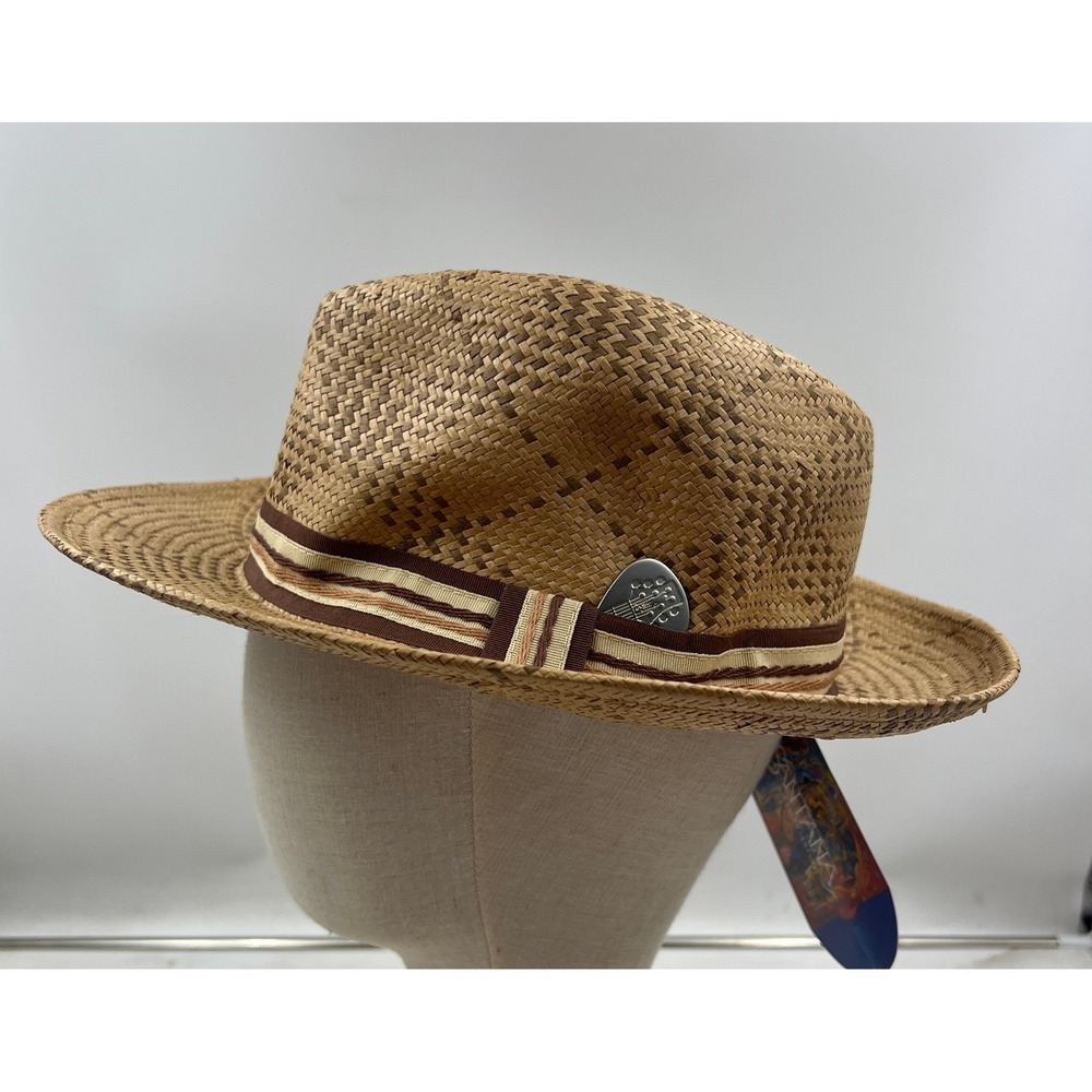 Santana by Carlos Santana Fedora Hat Men's L Tan Diamond Weave Straw Pick NWT